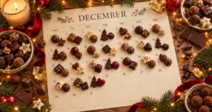Decemberkalender med chokolade på dagene 1–24 omgivet af gran og julepynt – illustration til guide om chokolade julekalendere.