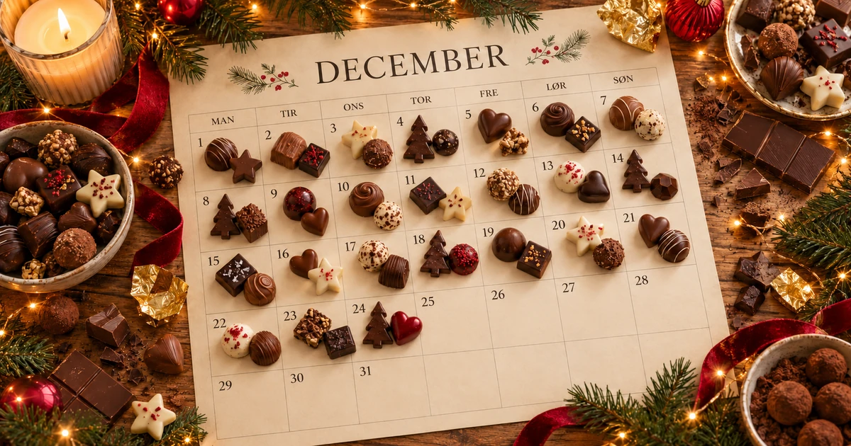 Decemberkalender med chokolade på dagene 1–24 omgivet af gran og julepynt – illustration til guide om chokolade julekalendere.